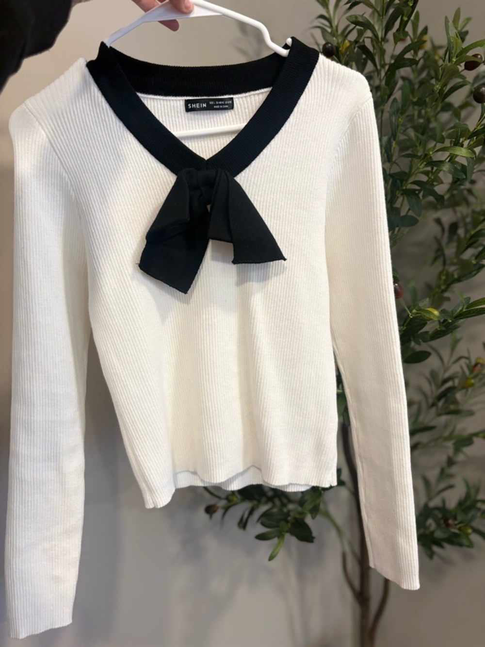 SHEIN Cream Ribbed Long Sleeve Top with Black Bow Collar - Picture 2 of 5